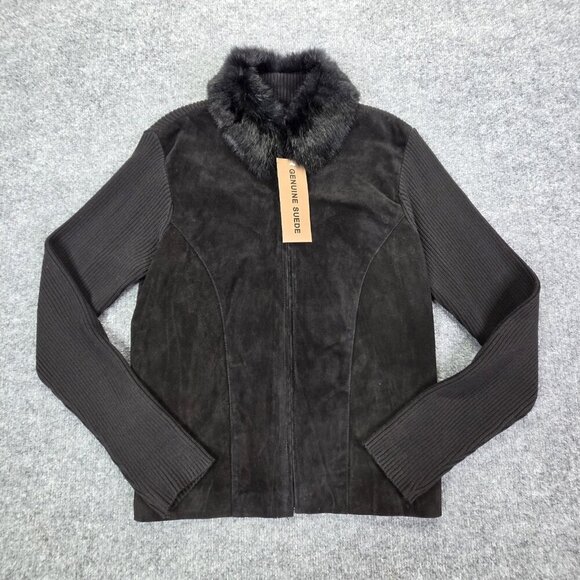 NEW Y2k 90s Jacket Full Zip Rabbit Fur Collar Black Sweater Suede Knit Womens L - Picture 1 of 11